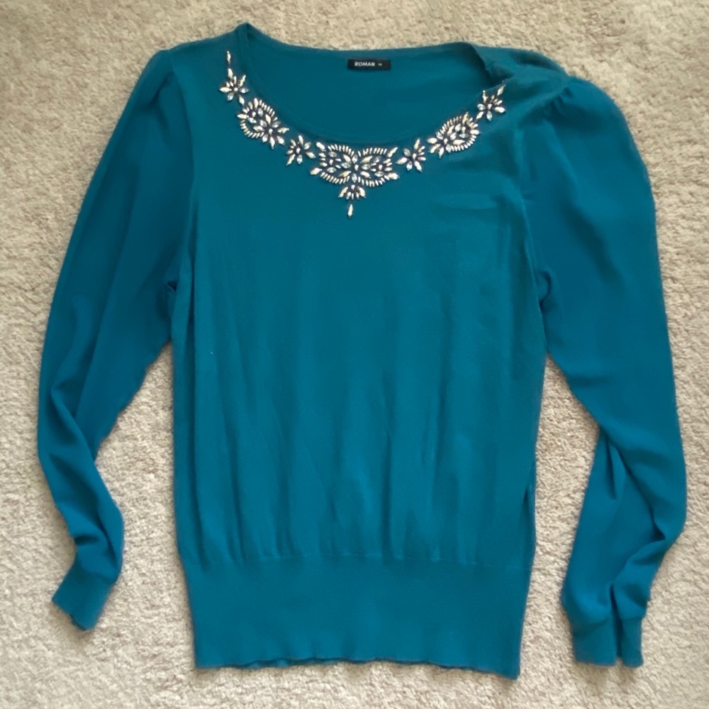 Turquoise Embellished Jewel-Tone Sweater
